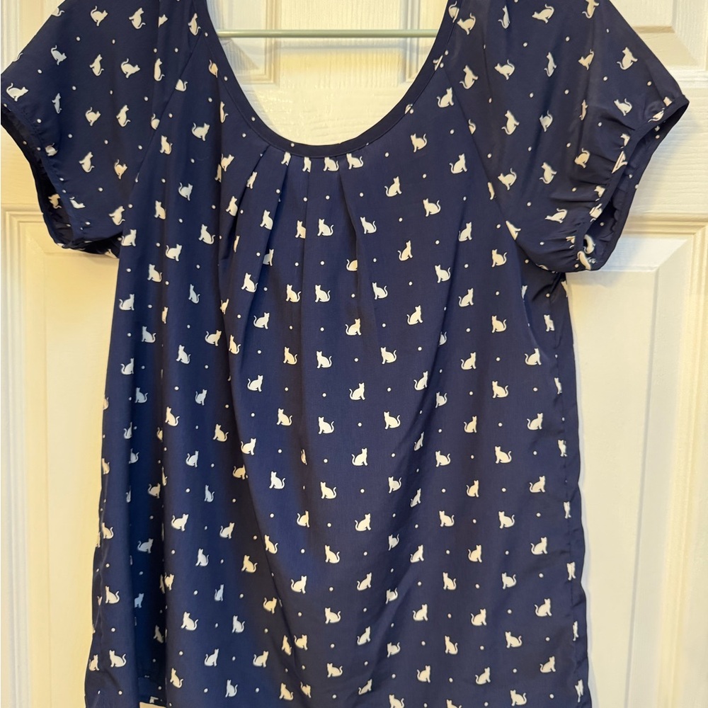 Navy Blue Cat Print Women's Top🐈‍⬛